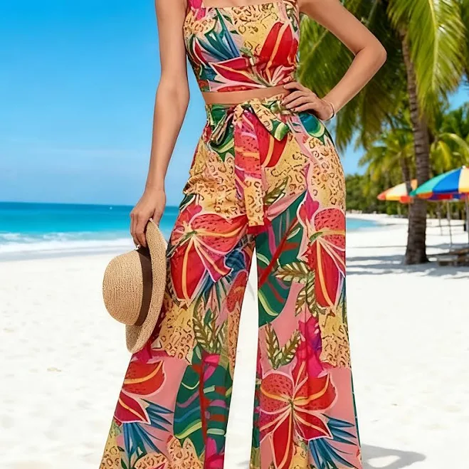 women's Floral Crop Top Wide-Leg Pants outfits for women