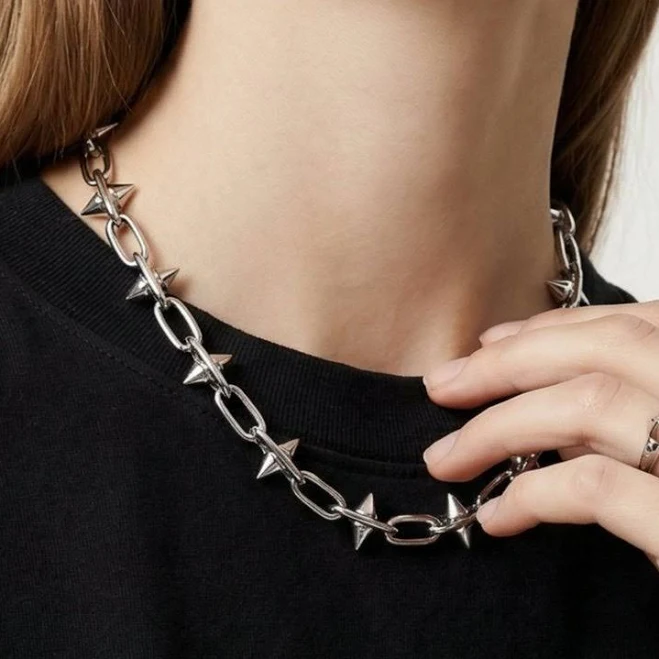Silver spike chain necklace Men's women