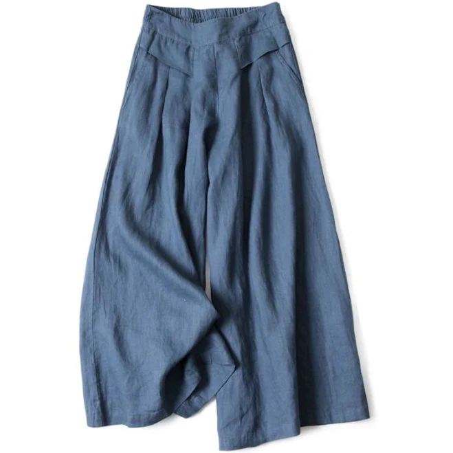 Buddha Stones High Waist Wide Leg Cotton Linen Pants with Pockets