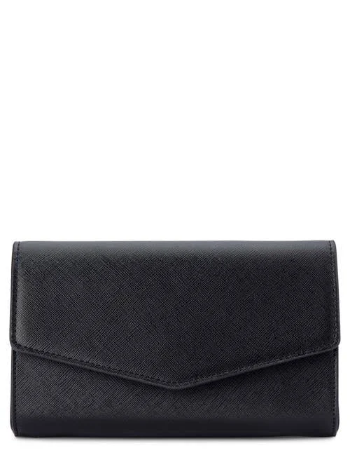 Structured clutch bag with metallic hardware