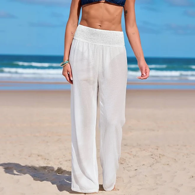 Sheer wide-leg cover-up pants with elastic waist