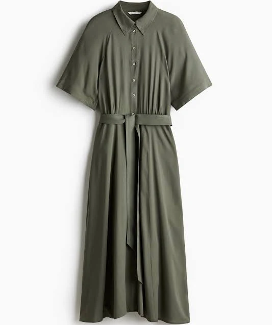 Ladies - Dark khaki green Tie-belt Shirt Dress - Size: XXS - H&M