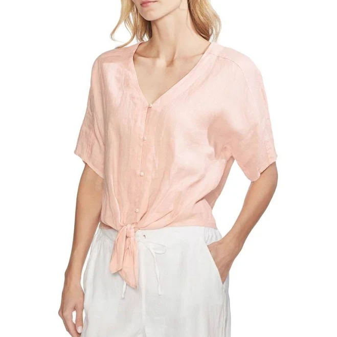Vince Camuto Womens Tie Front Linen Top X-Small Pink Coral Buff