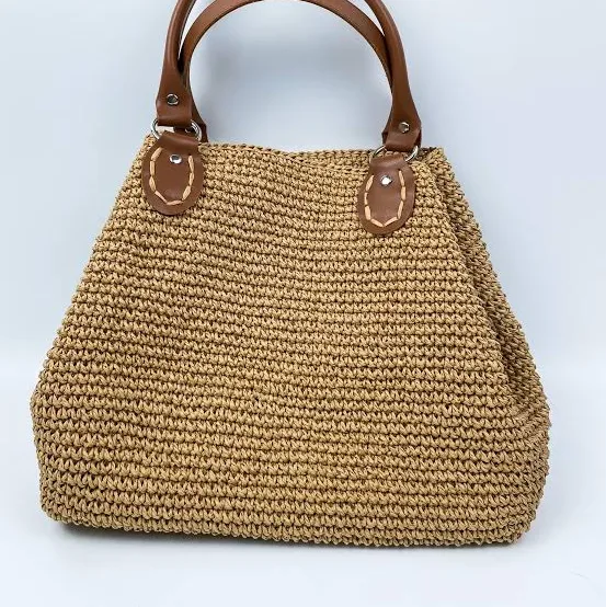 Handmade Woven Straw Tote Bag with Leather Handles