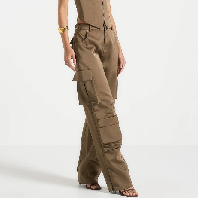 Manière De Voir Emilie High Waisted Satin Cargo Pants
