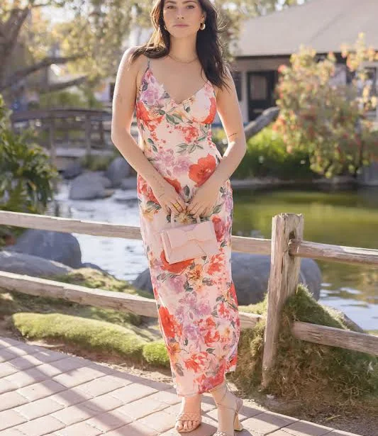 Viviana Sleeveless Floral Print Satin Slip Midi Dress