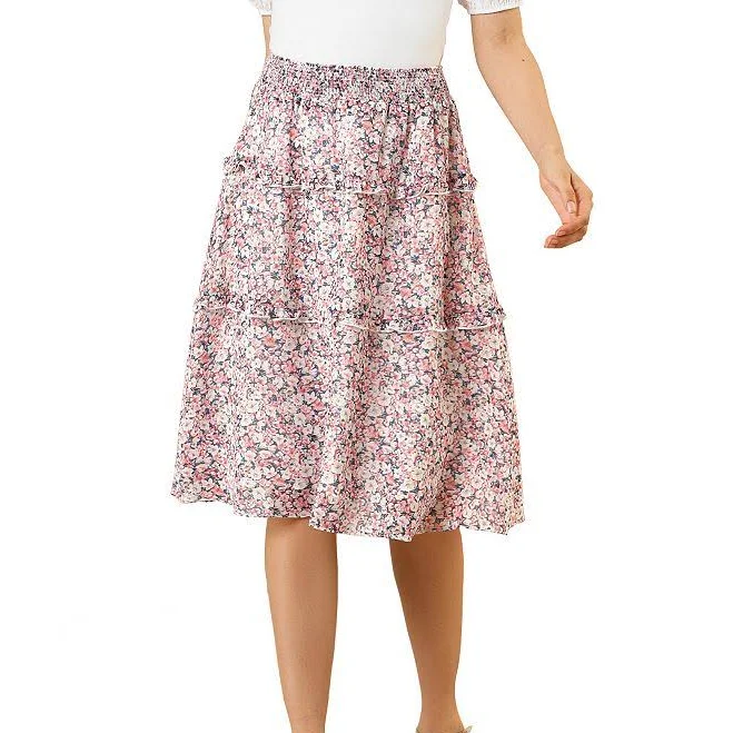 Women's Floral Chiffon Elastic Waist Layer Ruffle Hem Midi Skirt