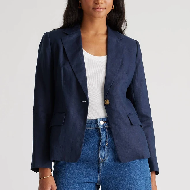 100% European Linen Structured Blazer in Deep Navy