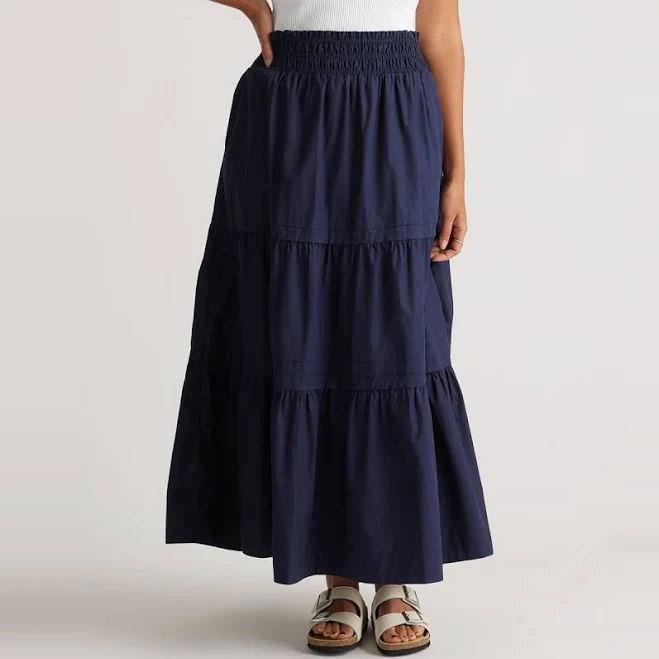 Quince Women's Organic Cotton Poplin Tiered Maxi Skirt with Pockets