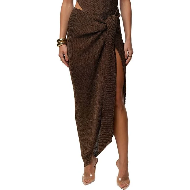 Sheer metallic knit midi skirt with a side slit and elastic waistband