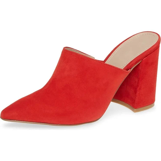 Red Vegan Suede Closed Pointed Toe Chunky Heel Mules for Women