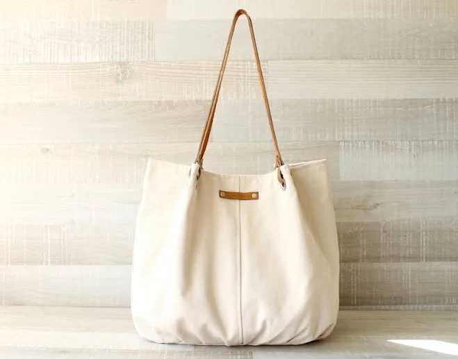 Handmade Canvas Tote Bag with Leather Handles