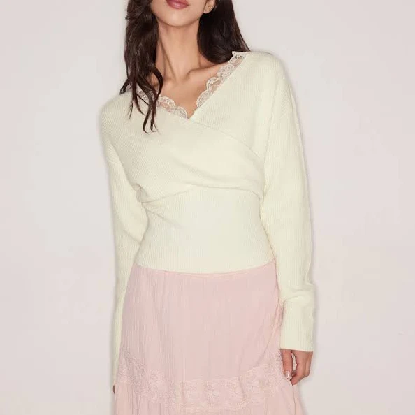 CIDER Women's Flattering Adjustable Fit Soft Cozy Knit V-Neck Solid Lace Trim Wrap Long Sleeve Top for Work Casual and Winter