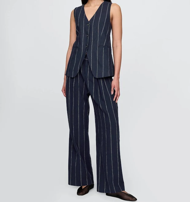 High-waisted wide-leg pants with vertical navy and white stripes