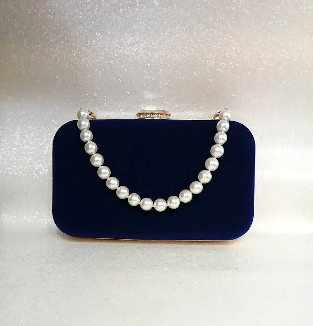 Pearl Handle Velvet Clutch Bag with Gold Hardware