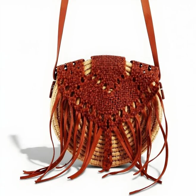 Boho Straw Crossbody Purse with Leather Fringe