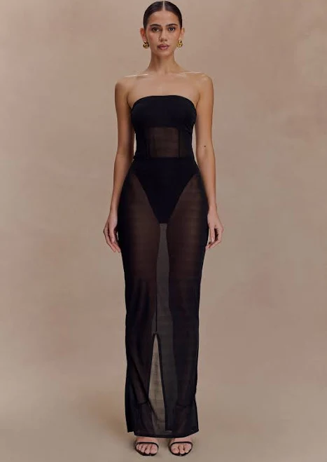 High-waisted sheer maxi skirt with a dramatic side slit