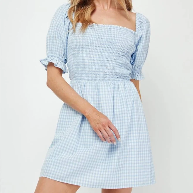 Gingham Smocked Mini Dress with Short Puff Sleeve