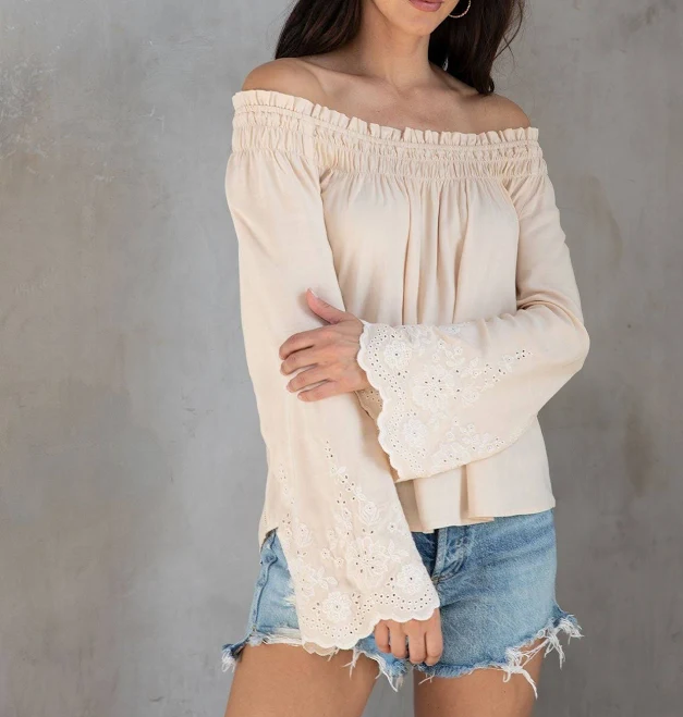 Embroidered off-the-shoulder peasant top with bell sleeves