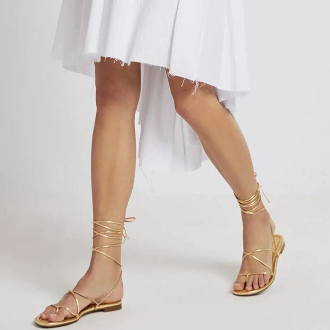 Metallic Gold Open-Toe Strappy Flat Gladiator Sandals for Women