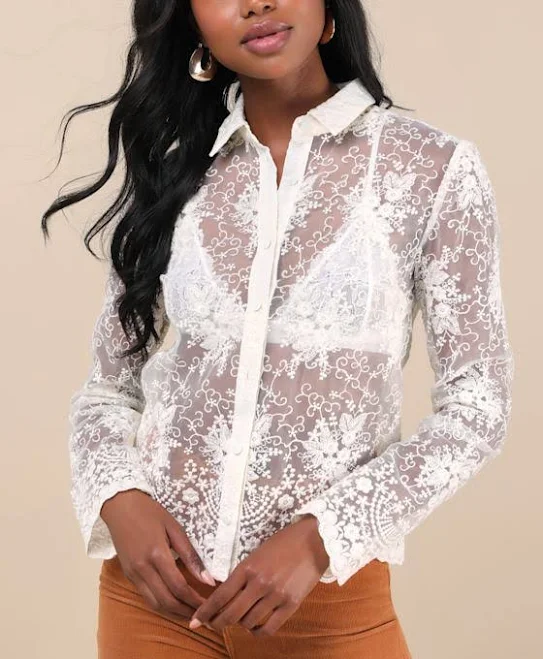 Lulus Exquisite Nature Sheer Embroidered Button-Up Top