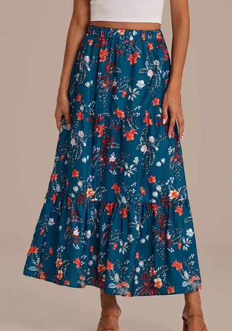 Floral Elastic Waist Ruffle Tiered Maxi Skirt