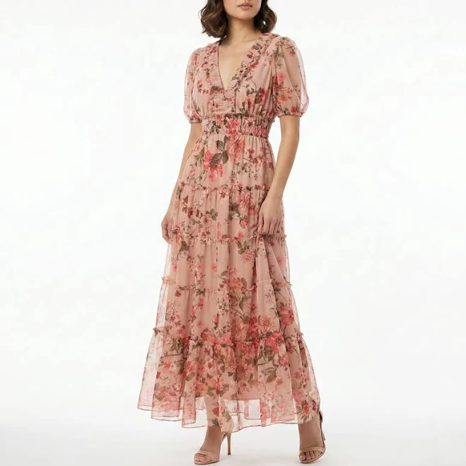 Women's Boho Floral Ruffle V-Neck Puff Sleeve Maxi Dress