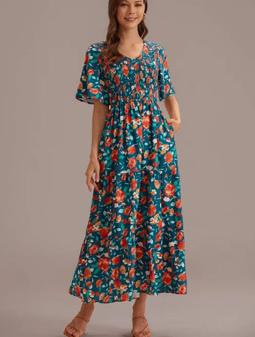 Teal Floral Short Sleeve V Neck Maxi Dress