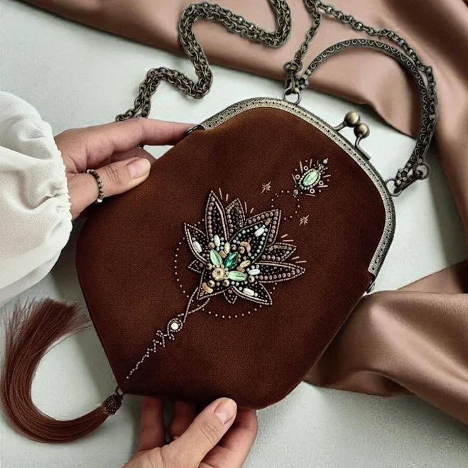 Hand-Embroidered Velvet Lotus Bag with Detachable Chain