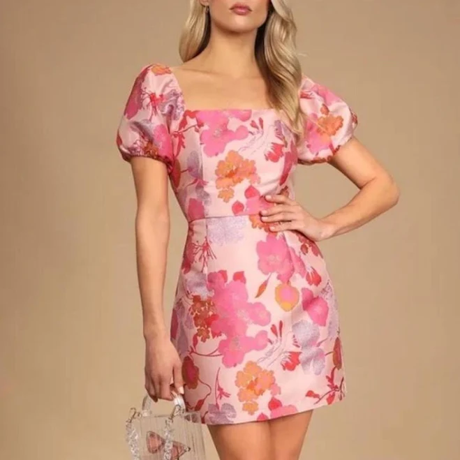 Lulus Floral Jacquard Puff Sleeve Mini Dress
