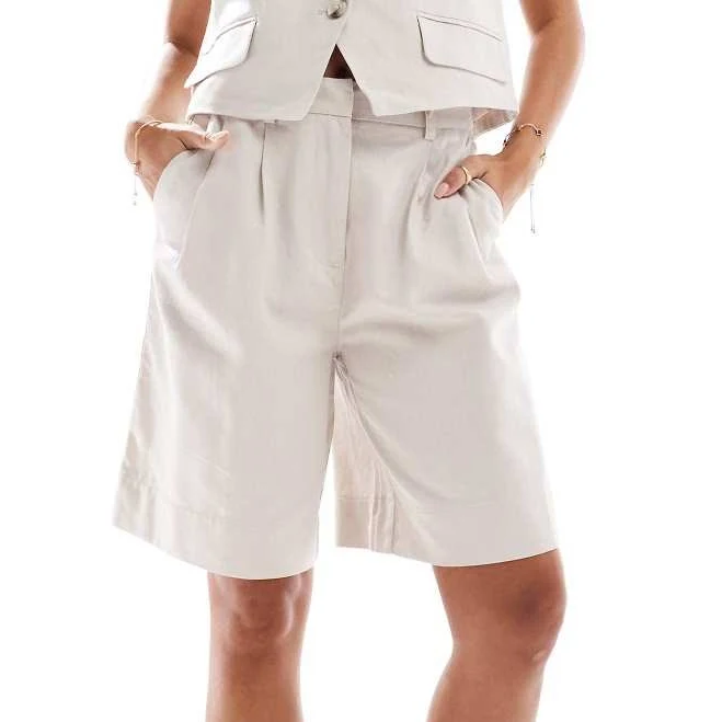 Pieces linen touch tailored longline shorts in cream - part of a set
