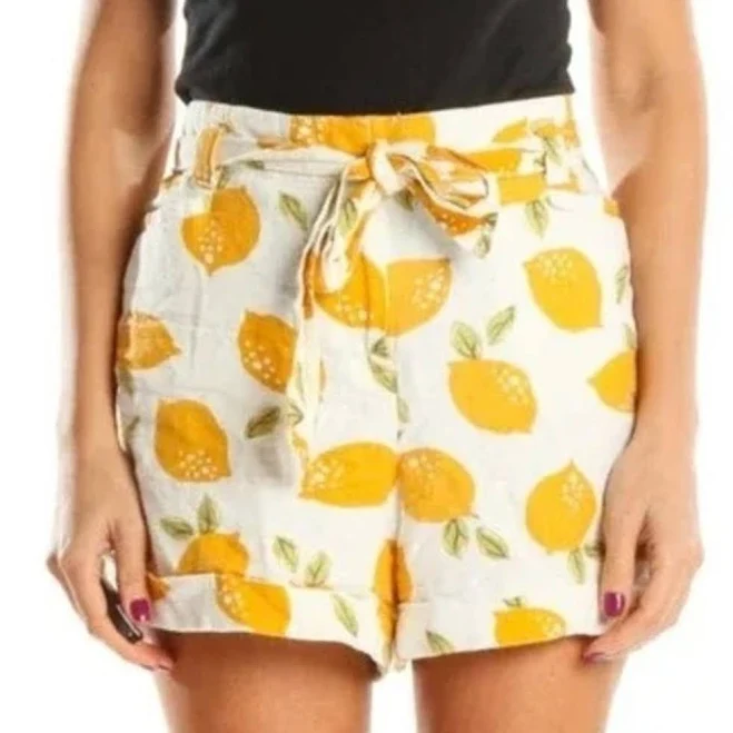 Loft Linen Blend Lemon Print Tie Waist Shorts Yellow/white, Size 2