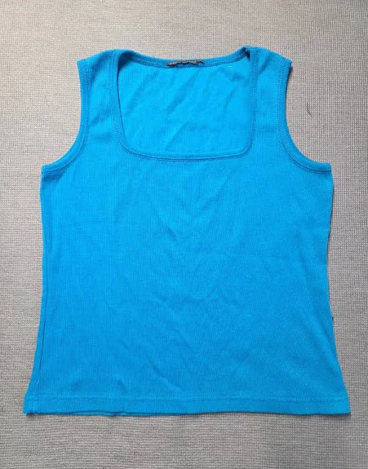 Women Turquoise Sleeveless Ribbed Tank Top Square Neck Casual Comfy
