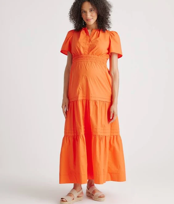 Quince Women's Organic Cotton Poplin Maternity Tiered Maxi Dress
