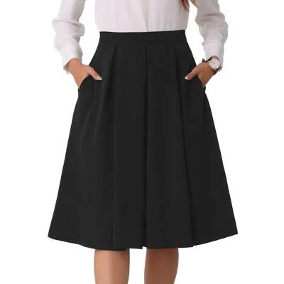 Inspire Chic Women's High Waist A-Line Flare Pleated Midi Skirt with Pocket