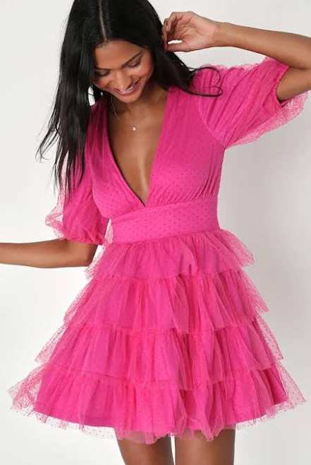 Lulus Dot Tulle Puff Sleeve Tiered Mini Dress