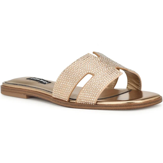 Flat metallic strap sandals with jewel embellishment