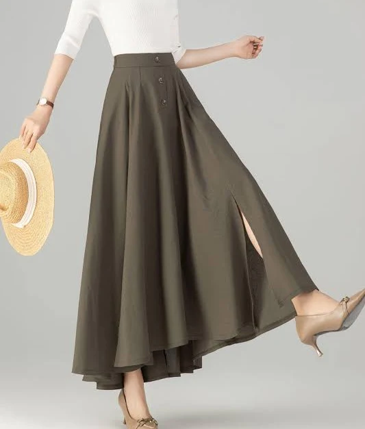 Women's A-Line Linen Maxi Skirt with Side Slit