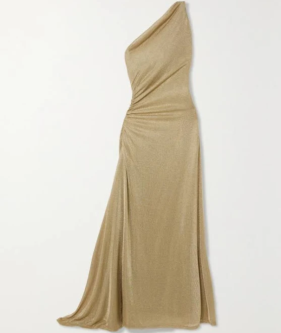 One-shoulder metallic knit maxi dress with side ruching