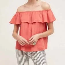 Maeve Anthropologie Coral Off the Shoulder Top Layered Ruffle Pink Orange Large