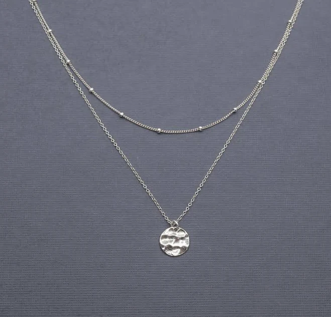 Sterling Silver Hammered Disc Satellite Chain Choker Necklace
