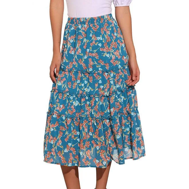 Women's Floral Print Elastic Waist Ruffle Maxi Tiered Skirt