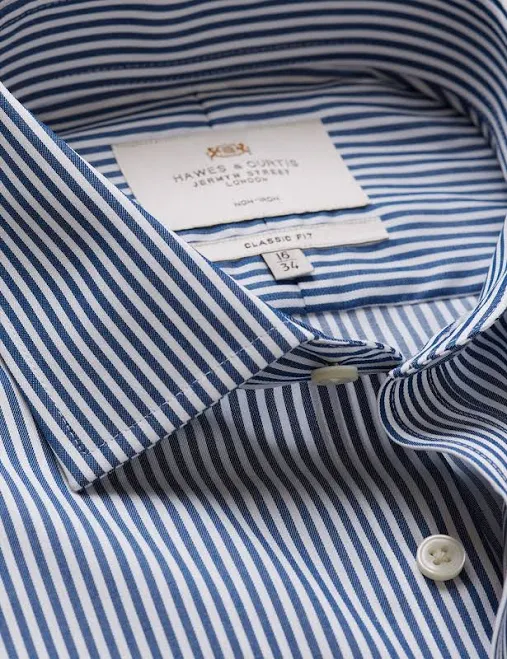 Hawes & Curtis Classic Fit Navy & White Bengal Stripe Twill Non-Iron Shirt | Navy/White | Striped | Men's
