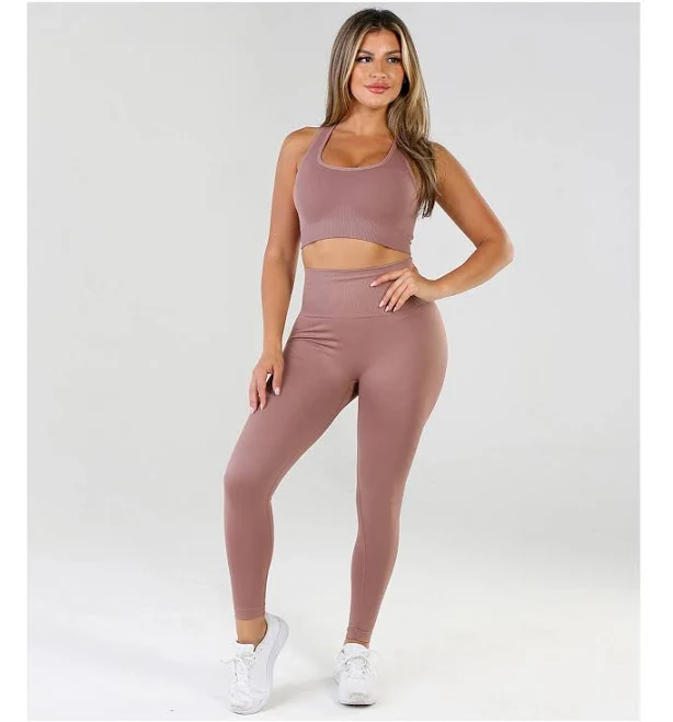 Dusty Rose Seamless 2-Piece Activewear Set – Ribbed High-Waisted Leggings | eBay