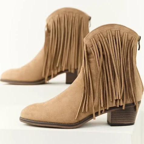 Faux Suede Fringe Heeled Booties