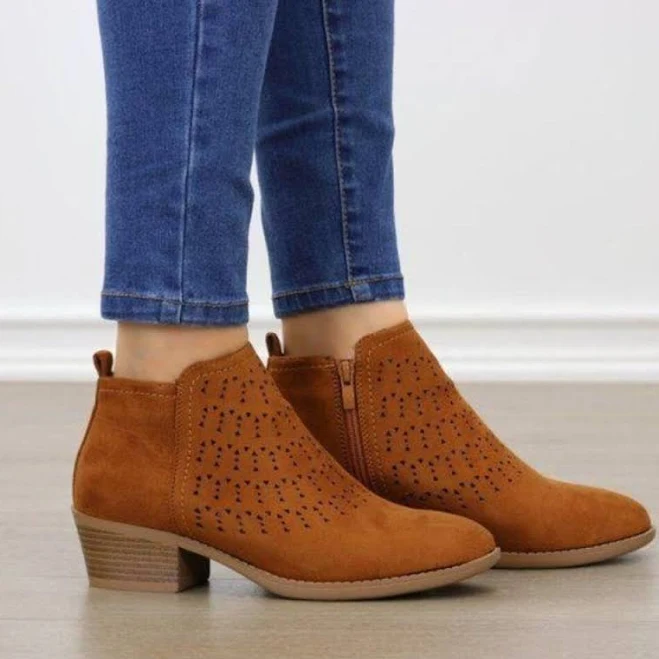 Brown Ankle Boots Perforated Faux Suede Low Heel Cutout Detail
