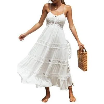 Women's Tiered Lace Maxi Dress with Spaghetti Straps