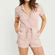 Abercrombie Fitch Pink Lyocell Utility Romper Drawstring Waist Short Sleeve S