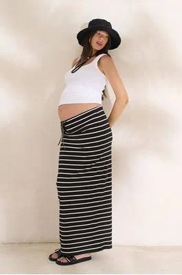 Stripes & Drawstring Maternity Maxi Skirt in Black