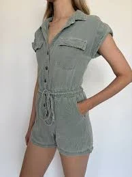 Nicole Miller New York Utility Romper – Sage Green Button-Front Shorts Jumpsuit